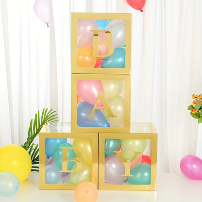 4-piece set of 9.85-inch baby gift box with BABY letters, including a white transparent square box and a transparent balloon box for birthday party decoration and gender reveal gifts (balloons not included).