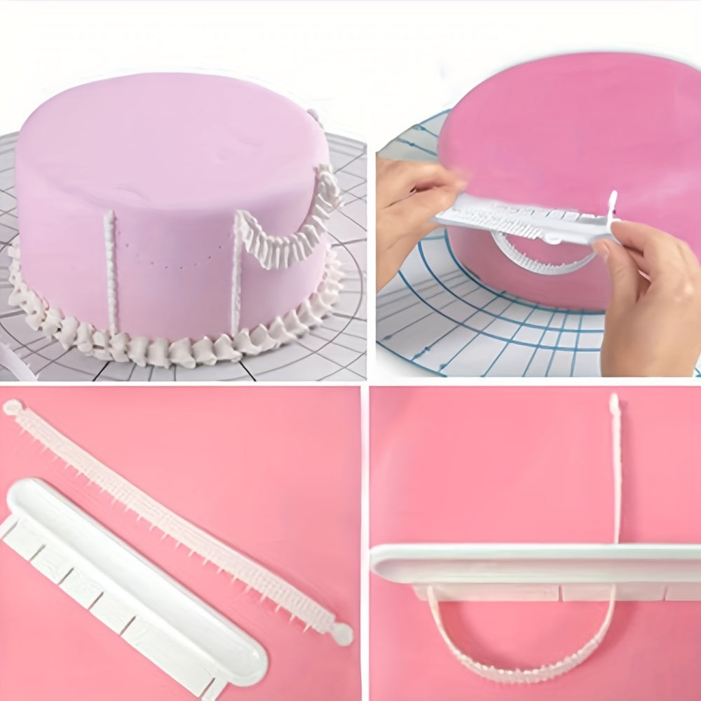 Fondant Cake Arc Ruler Decorating Tool Set with Graduated Scale, perfect for measuring and creating intricate designs for baking and pastry art. Includes Swag Marker, Dividing Set, Garland, Sugarcraft, Gum Paste, Sugar Candy, and other decorative