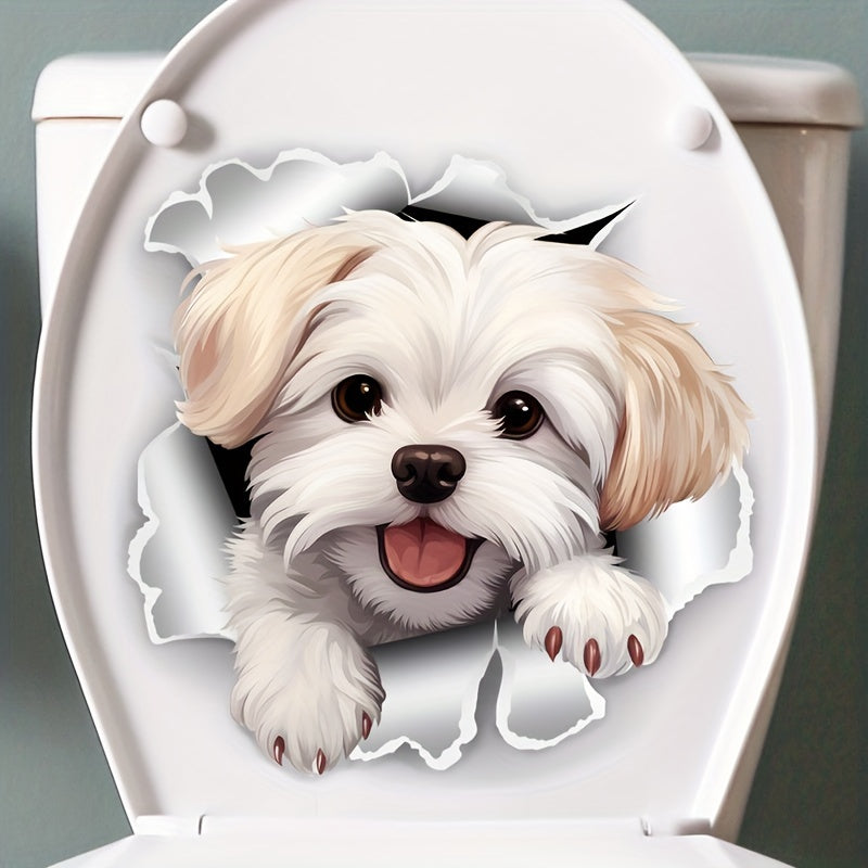 White dog toilet decal for easy stick and removal, ideal for home decor.