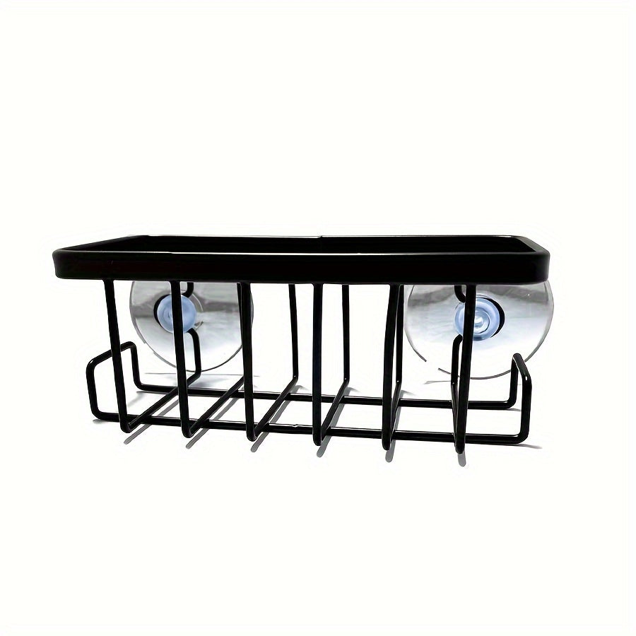 Black Metal Sink Caddy with Suction Cup for Dish Cloth & Sponge - Rust-Resistant Storage Basket for Kitchen and Bathroom - Home Organizer and Accessory