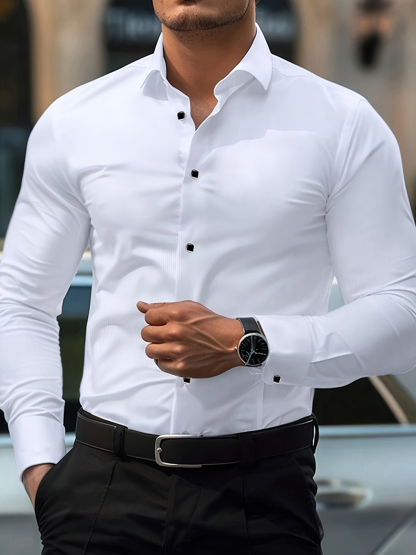 Men's black long sleeve dress shirt with geometric pattern, slim fit, button-up, all-season wear, lapel collar. Suitable for formal and casual events.