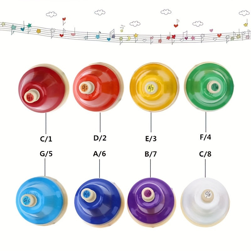 FF Bonfires 8-Tone Diatonic Hand Bell Set: Colorful, Durable Percussion Instruments with Easy-to-Read Notes for Music Enthusiasts and Party Favors.