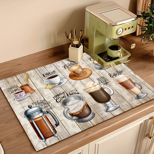 Vintage coffee-themed drying mat made of absorbent polyester with rustic wood grain design and coffee illustration. Ideal for espresso and latte lovers, perfect for home decor or coffee bar.