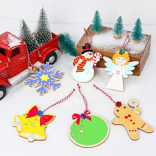 Set of 24 Unpainted Wooden Christmas Ornaments for Kids to Decorate, featuring 6 different Designs. Includes 24 Assorted Bells, 8 Markers, and 24 Red & White Twine for Hanging on the Tree during the Holidays.