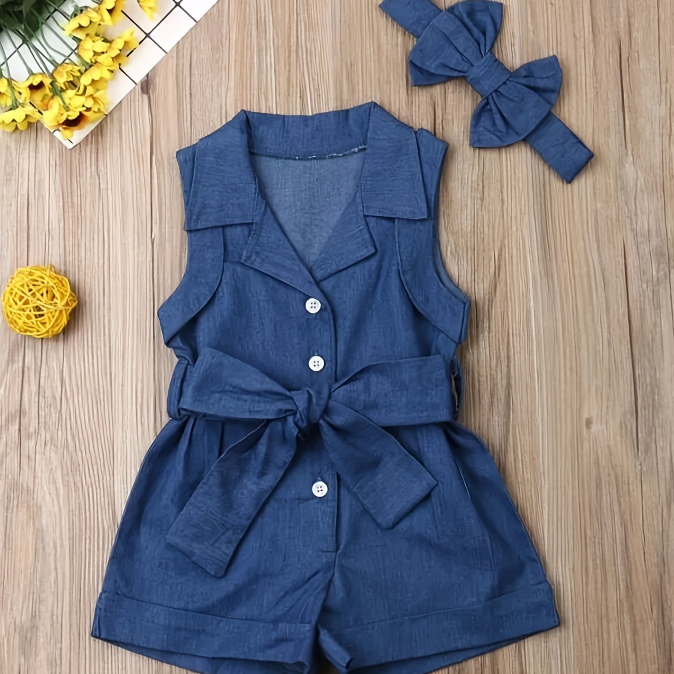 Sleeveless denim romper set with bow headband for kids, perfect for summer.