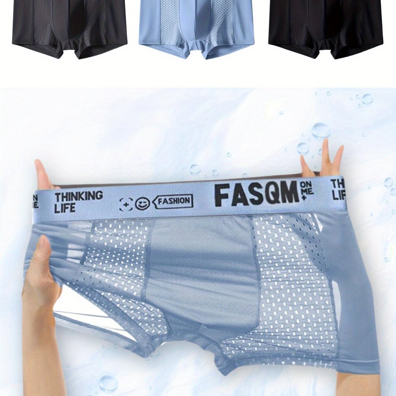 3-Pack Men's Boxer Briefs with Breathable Mesh Patch and Stretchy Polyester, Solid Colors in Sky Blue, Black, and Deep Gray