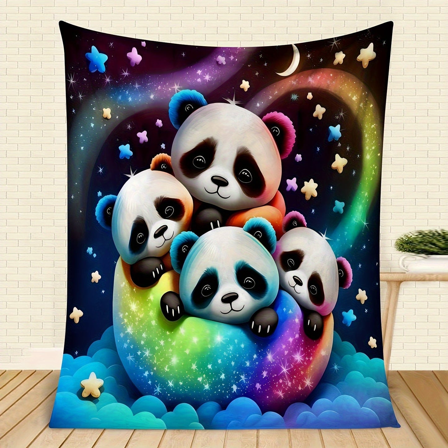 Cozy Modern Panda Design Blanket made from Flannel Fleece, Perfect for All Seasons, Multipurpose Home Decor with Digital Print, Easy to Clean in Washing Machine, Made from Polyester Knit Fabric, 200-250 gsm