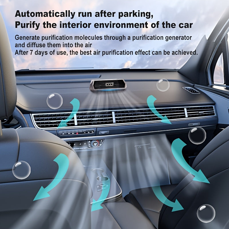 Solar-powered car air purifier with motion sensor for 7-day freshness, auto shut-off when parked, no consumables required, includes high-efficiency panel and lithium battery.