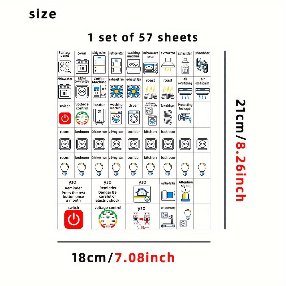 57-piece set of electrical panel label stickers for easy identification of circuit breakers and reminders.