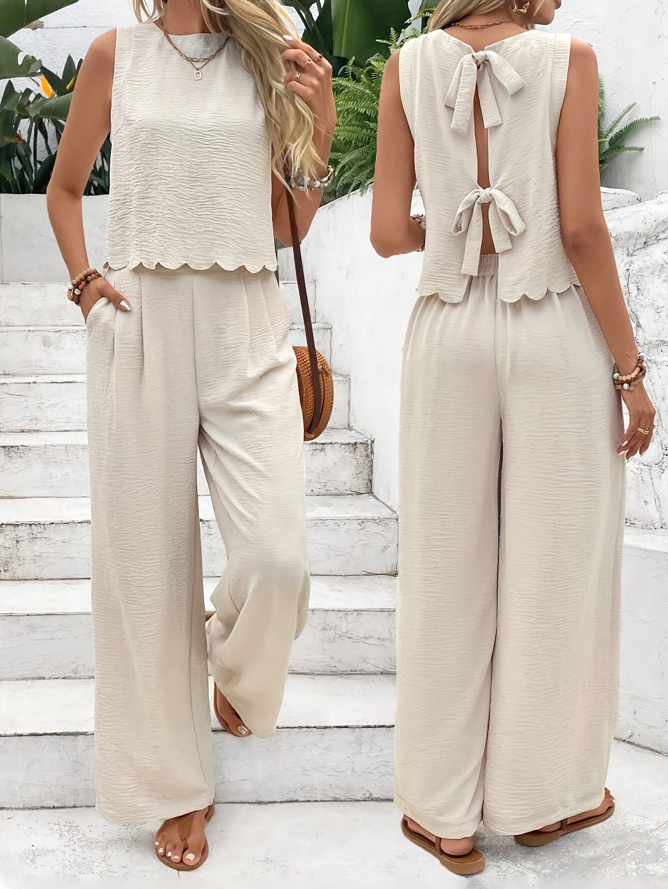 Women's 2-piece set includes solid color pants with petal edge hem and tie back waist, made of 95% polyester and 5% elastane woven fabric. Also includes a sleeveless waistcoat with casual