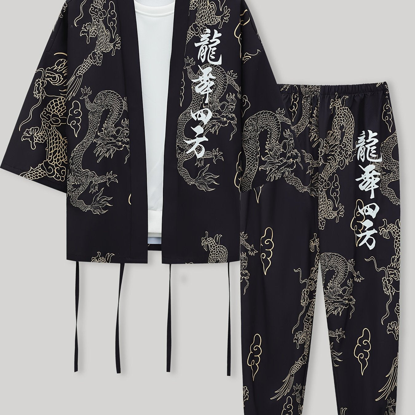 Men's dragon print pajama set for casual wear, featuring a Japanese-inspired mid-sleeve top and long pants made of breathable polyester, machine washable.