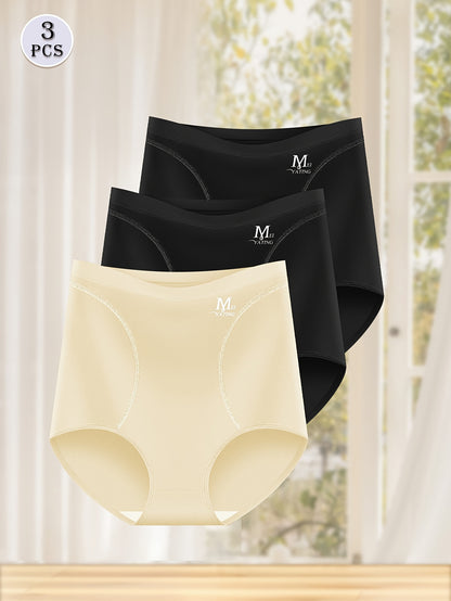 Three high waist tummy control briefs with label print, comfortable and breathable, ideal for women's lingerie and underwear.