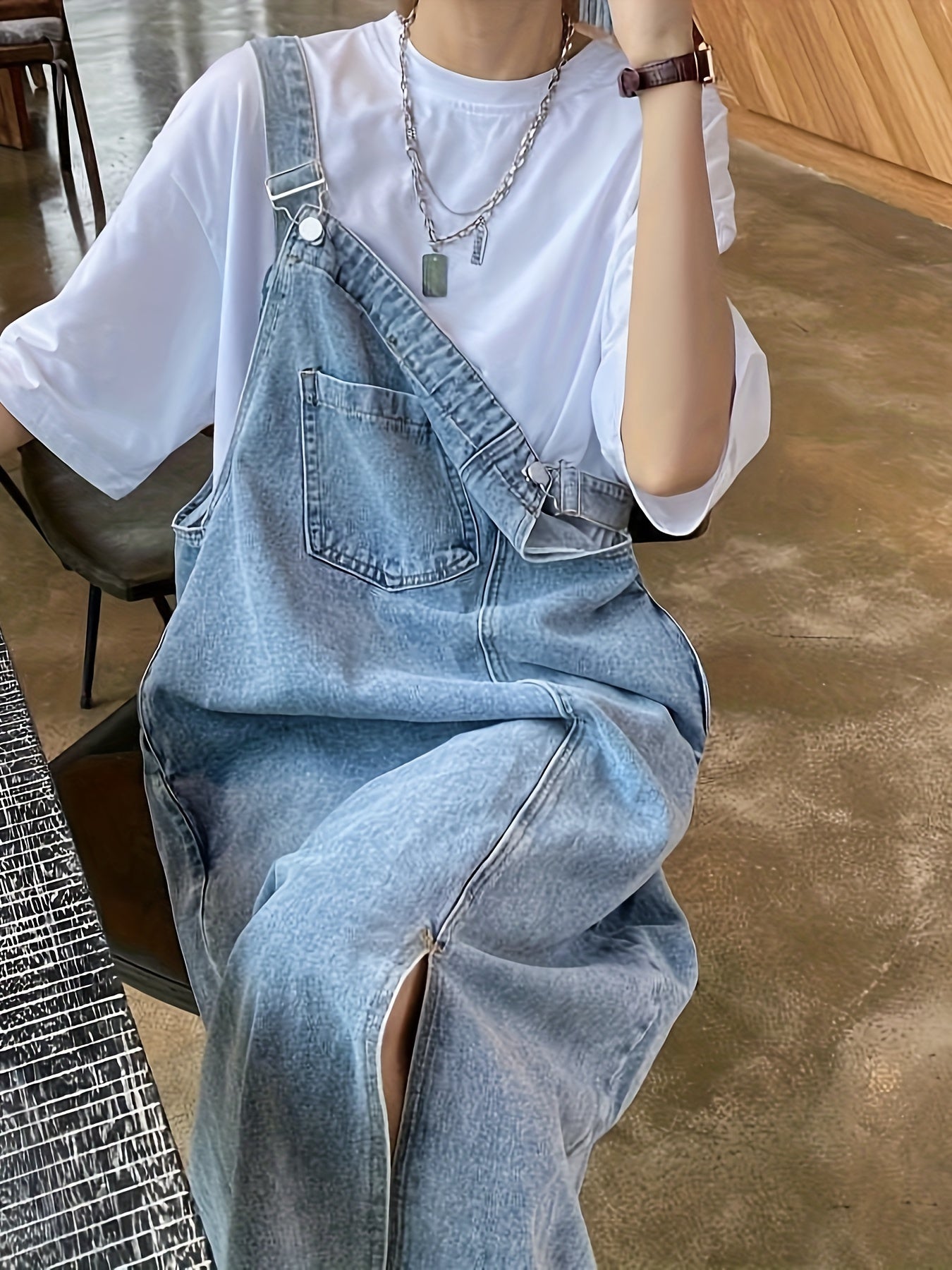 Blue adjustable strap denim overall dress, women's casual retro style.