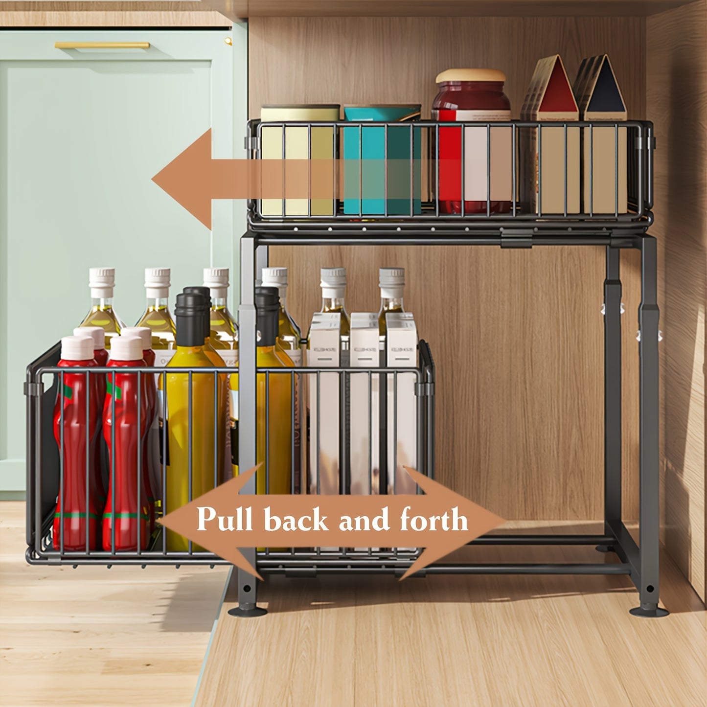 2-Tier metal wire organizer for kitchen and bathroom with suction cups made of carbon steel