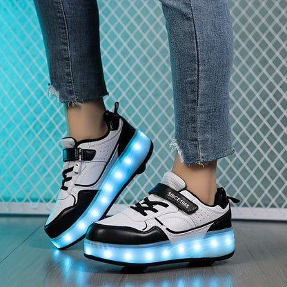 LED Light-Up Roller Skates for girls in Purple & White. Adjustable strap, Lightweight & Breathable. Ideal for outdoor fun and street style. Trendy youth sneakers with Pu Upper Skates.