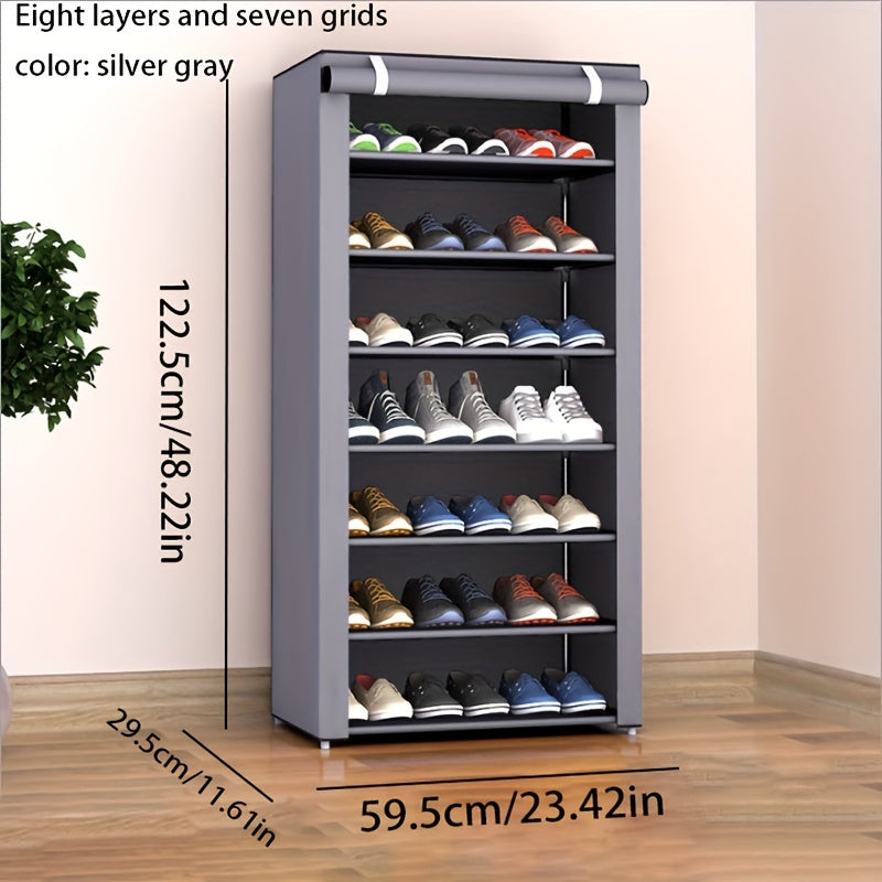 Metal shoe rack with dustproof cover, vertical storage, easy assembly, for entryway/bedroom/living room, lightweight under 13.61 KG, spacious capacity, weather-resistant, 68.58cm tall.