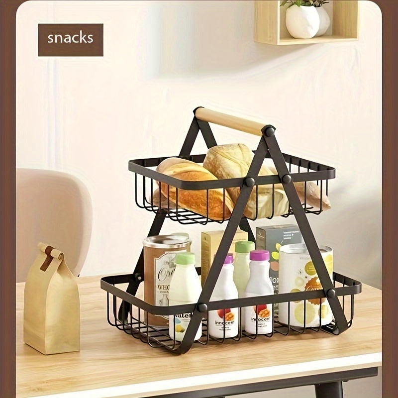 1pc 2/3tier storage basket with drain basket and removable wire basket with wooden handle for bathroom and kitchen storage