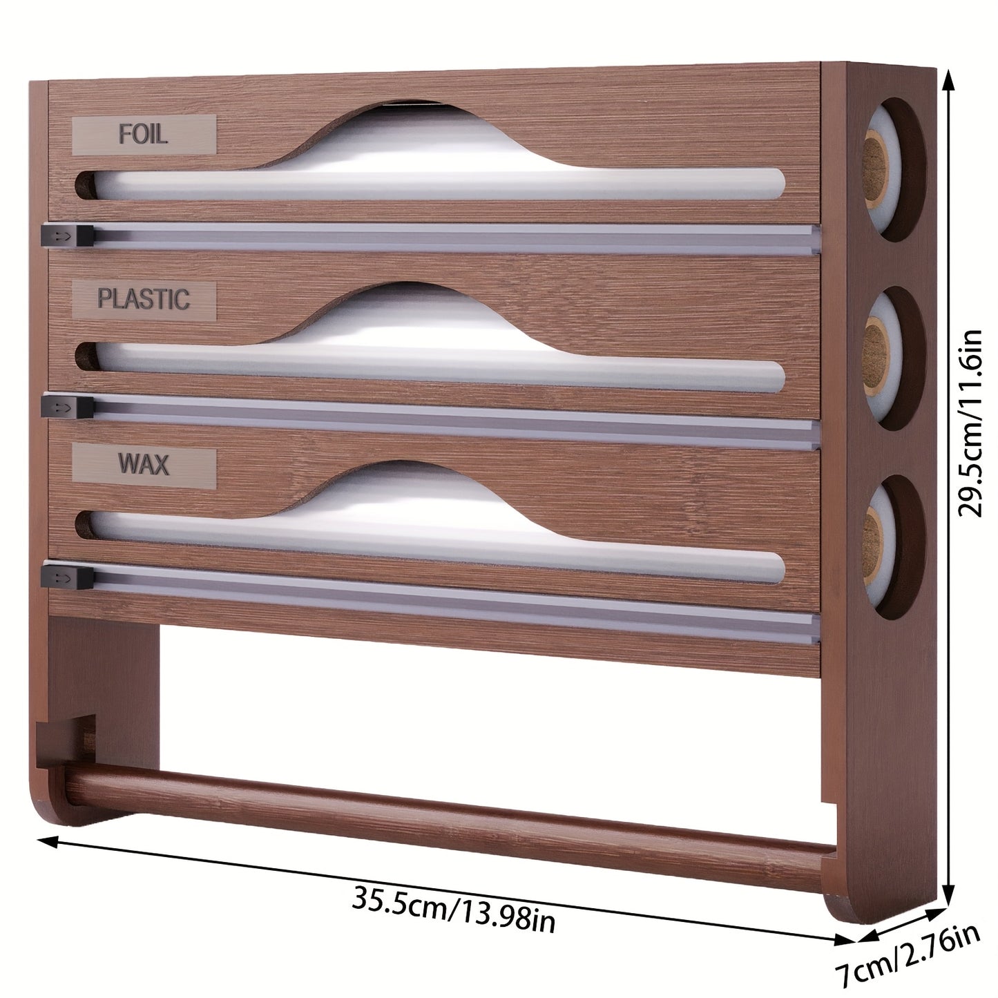 Bamboo wrap organizer with cutter and labels for wall-mounted kitchen storage.