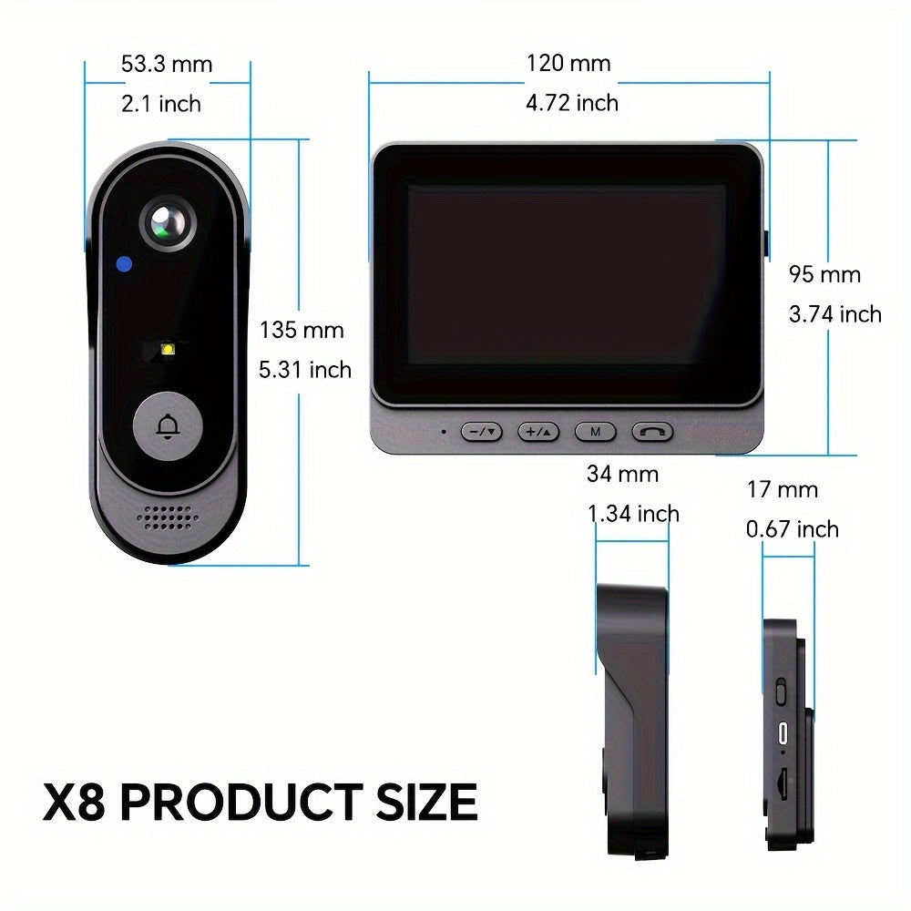 Video Doorbell X8: Wireless, Touch Control, Night Vision, USB Powered, Rechargeable Battery.