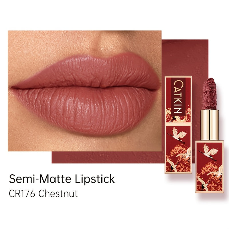 CATKIN Red Carving Matte Lipstick with Waterproof Long-Lasting Satin Finish for Smooth Red and Nude Lips.