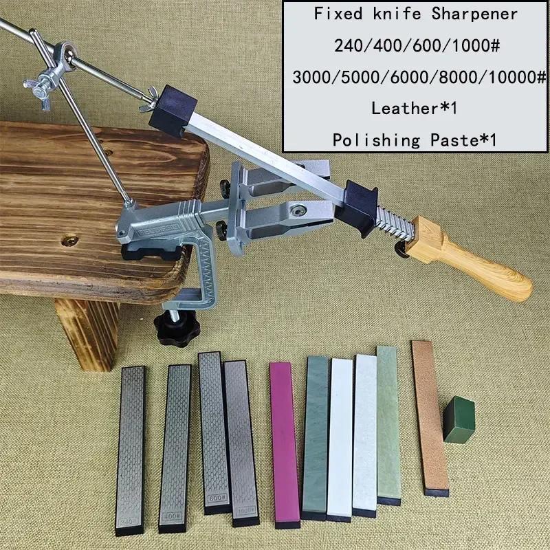 Manual kitchen sharpener with angle fixation, metal construction, uncharged, and emery grit whetstone set.