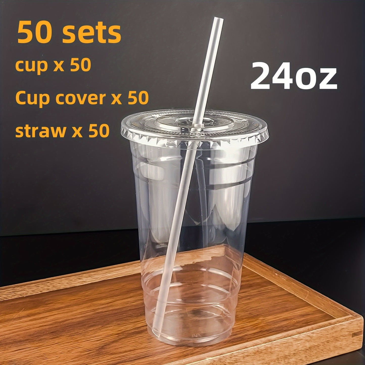 Get 25 sets of 24oz clear plastic cups with lids and straws, made from PET material. These cups are perfect for iced coffee and cold drinks, great for summer, outdoor events, and on-the-go drinkware.