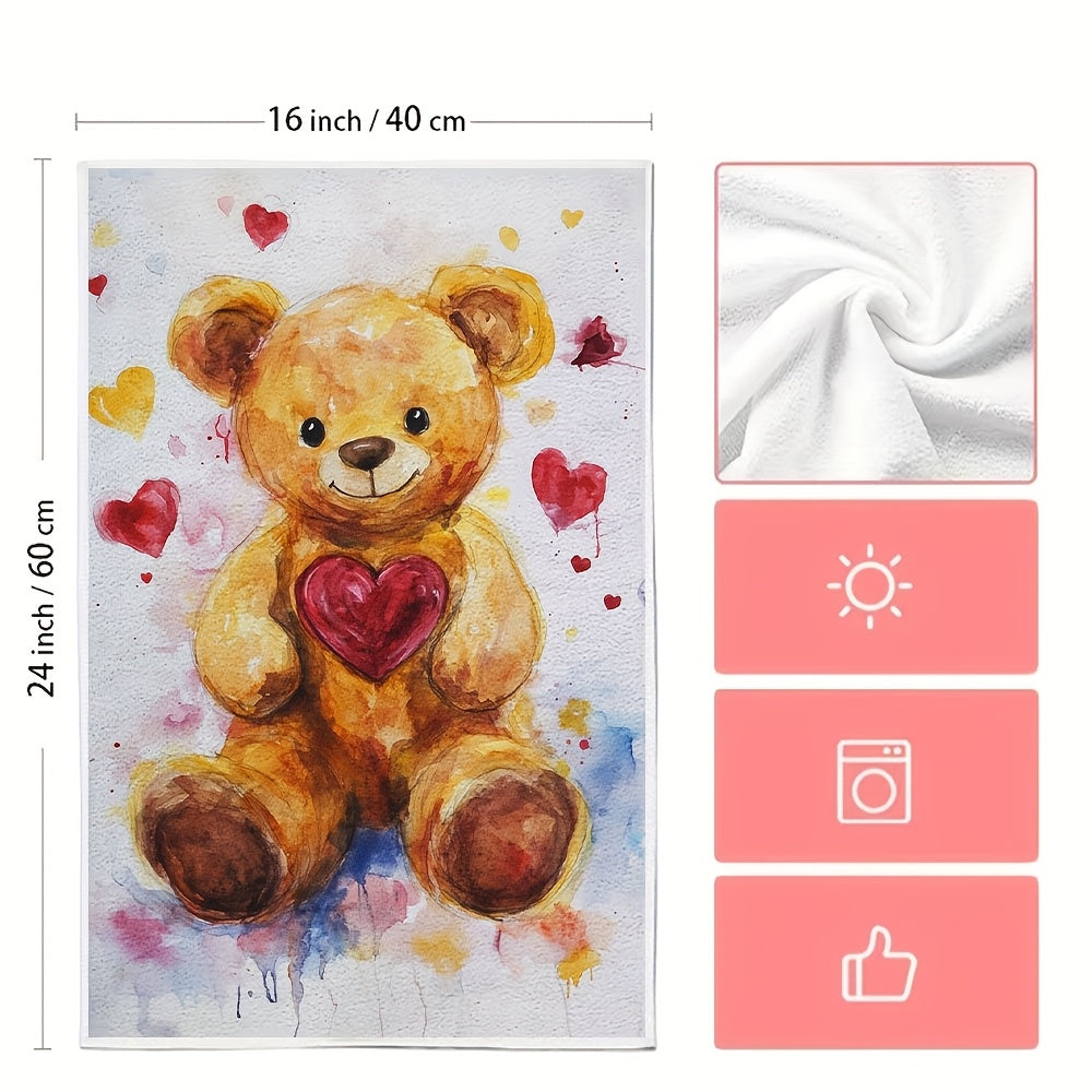 This set includes 2 ultra-soft kitchen towels with a cute Valentine's Day teddy bear design. They are highly absorbent and ideal for holiday decorating. These towels are machine washable and measure 40.64x60.96 cm.