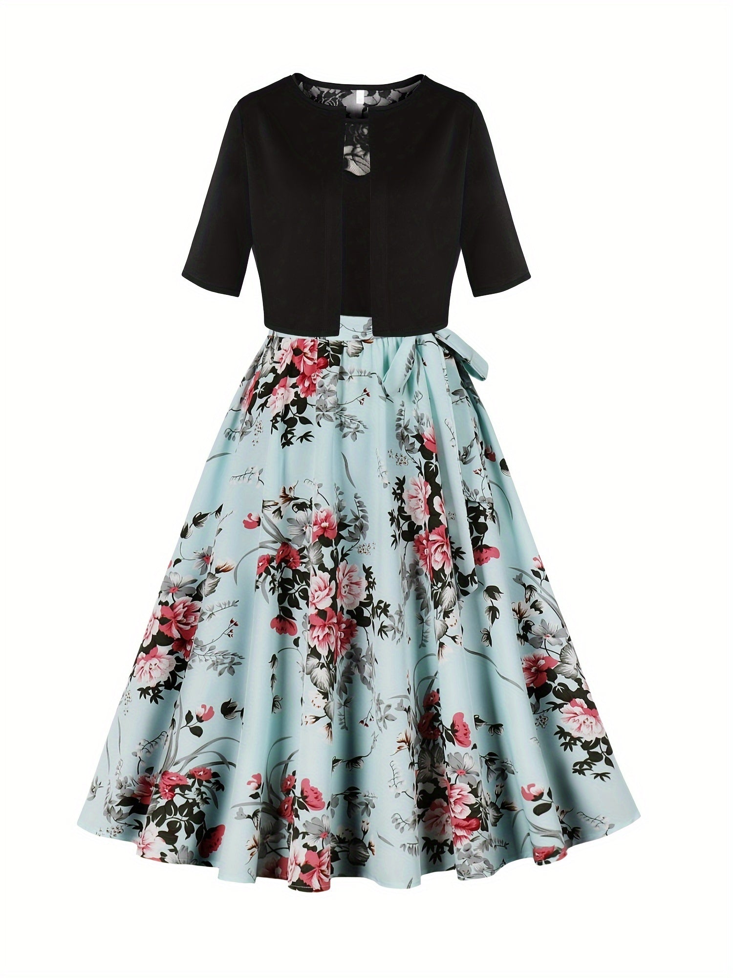 Elegant Floral Print Dress Set with Solid Color Outerwear and Contrast Lace Crew Neck Dress