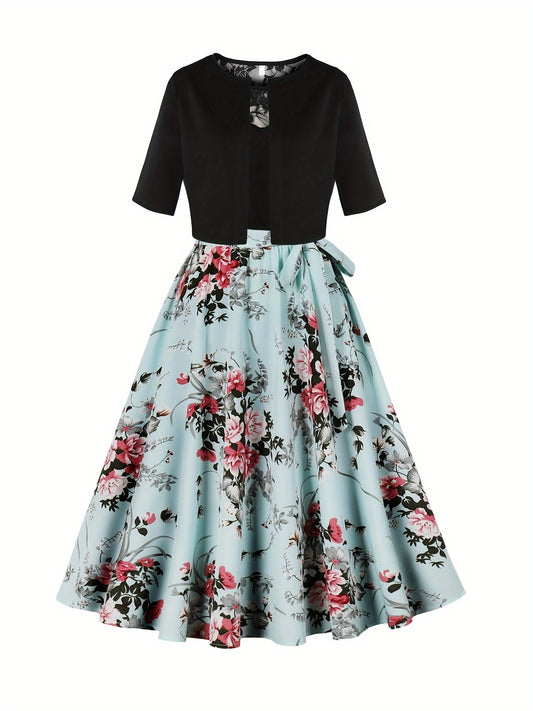 Elegant Floral Print Dress Set with Solid Color Outerwear and Contrast Lace Crew Neck Dress