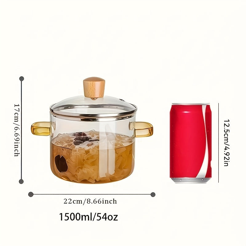 1.5L Glass Simmer Pot - Heat-resistant, stovetop & microwave safe, dual yellow handle, transparent cooking pot for soup, milk, porridge, and more - Durable, non-toxic, and easy to clean.