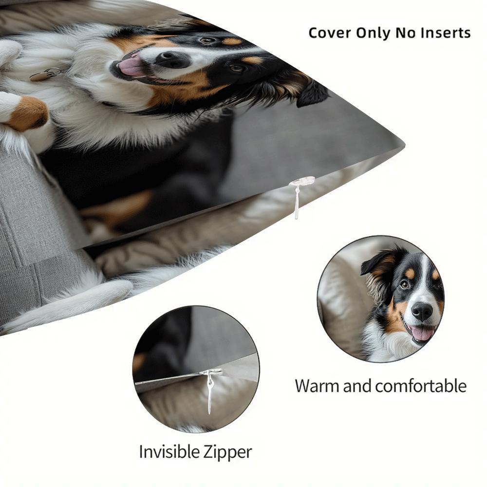 Polyester Throw Pillow Cover featuring an Australian Shepherd Dog design. Square cushion case with removable cover, machine washable and light compression. Ideal for use on your sofa, bedroom, or in the office. Fits cushions up to 45.01cm. Note: Cushion