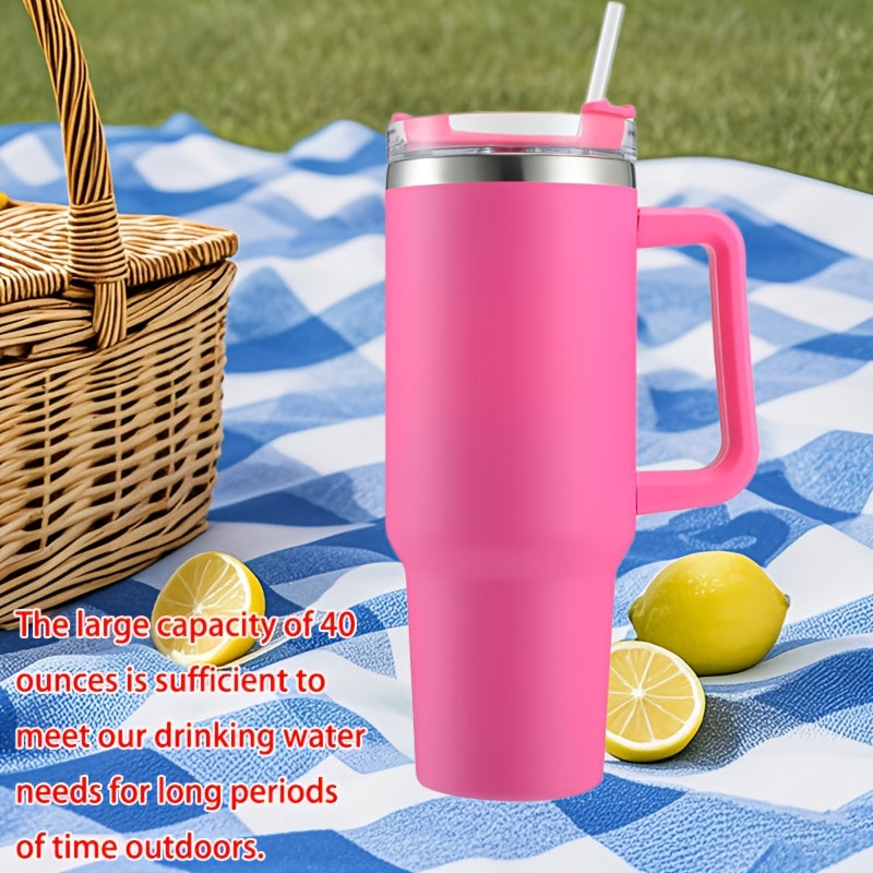 Insulated stainless steel tumbler with handle & straw, ideal for hot and cold drinks on-the-go. Great for camping, driving, and outdoor sports. Perfect gift for Christmas, Mother's Day, Father's Day, or Thanksgiving.