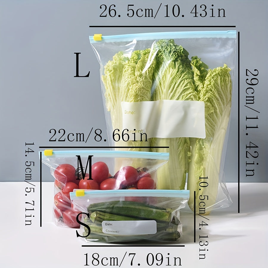 Set of 10 reusable kitchen storage bags featuring slide seal closures - ideal for storing food, snacks, and travel essentials. Made from durable plastic, these bags are perfect for organizing items in the fridge, freezer, pantry, and closet.