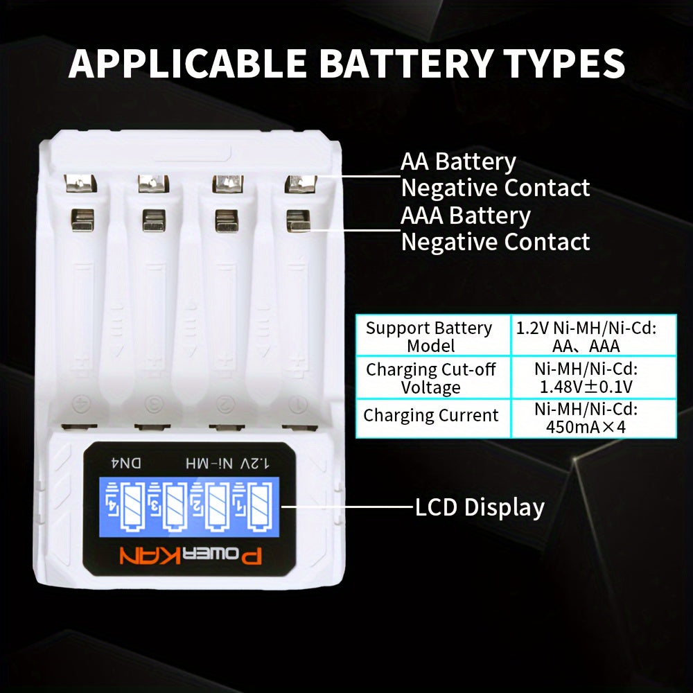 The PowerKAN Compact 4-Slot Smart Charger charges AA/AAA Ni-MH/Ni-Cd Batteries with USB Type-C, LCD Display, Overcharge Protection, Black or White, Portable.