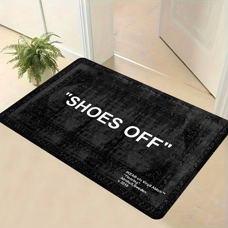 English Pattern Anti-Slip & Stain-Resistant Floor Mat for Living Room - 1pc, 1cm Thick, Hand Washable Polyester Rug with 'Please Take Off Your Shoes' Design.