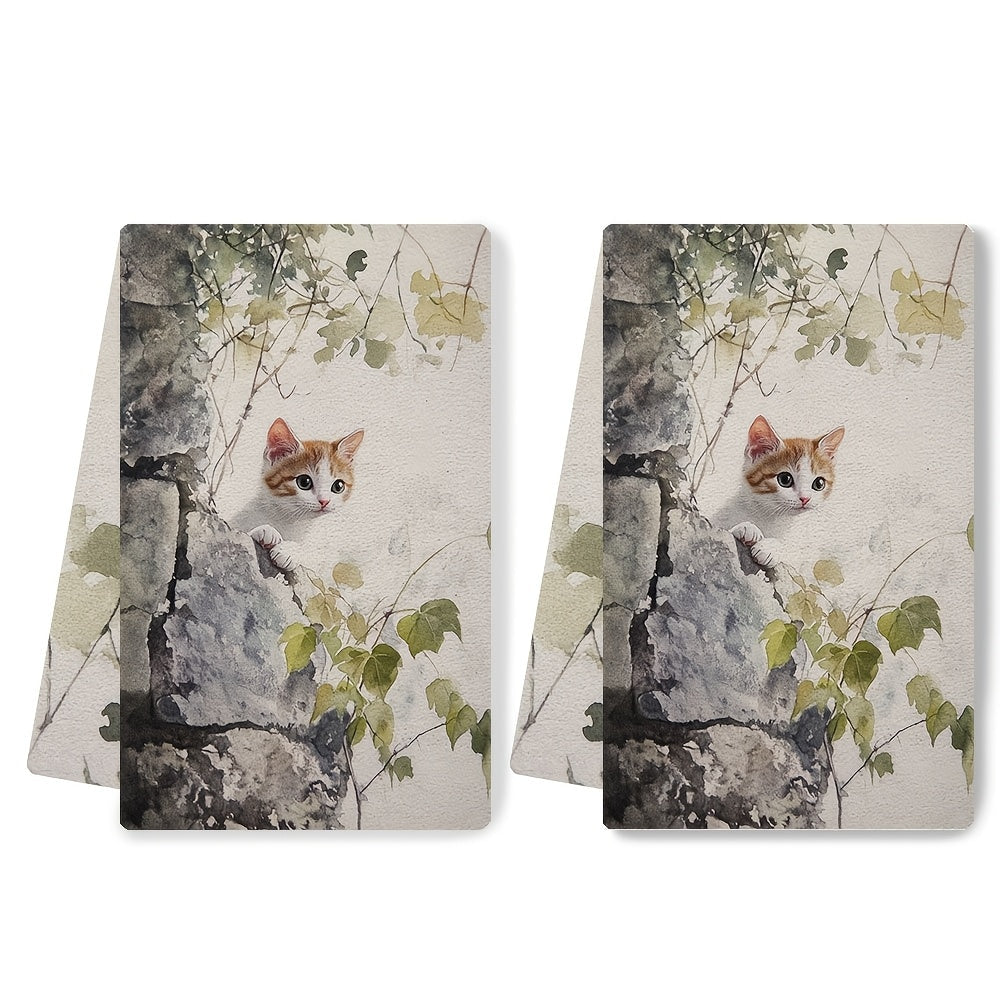 Set of 2 Ultra Soft Kitchen Towels featuring a Curious Kitten in a New Environment Design, Highly Absorbent Dish Hand Towels for Holiday Decor, Machine Washable, 16x24 Inch - Item number 2KYSYS1218439