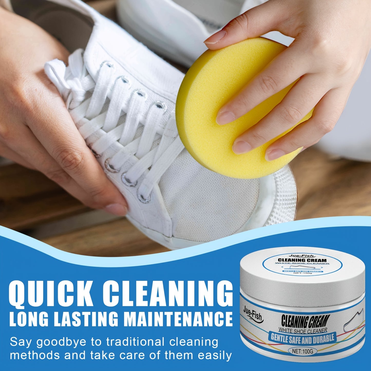 Whitening shoe cream for sneakers, canvas, and faux leather. Easy, no-rinse formula.