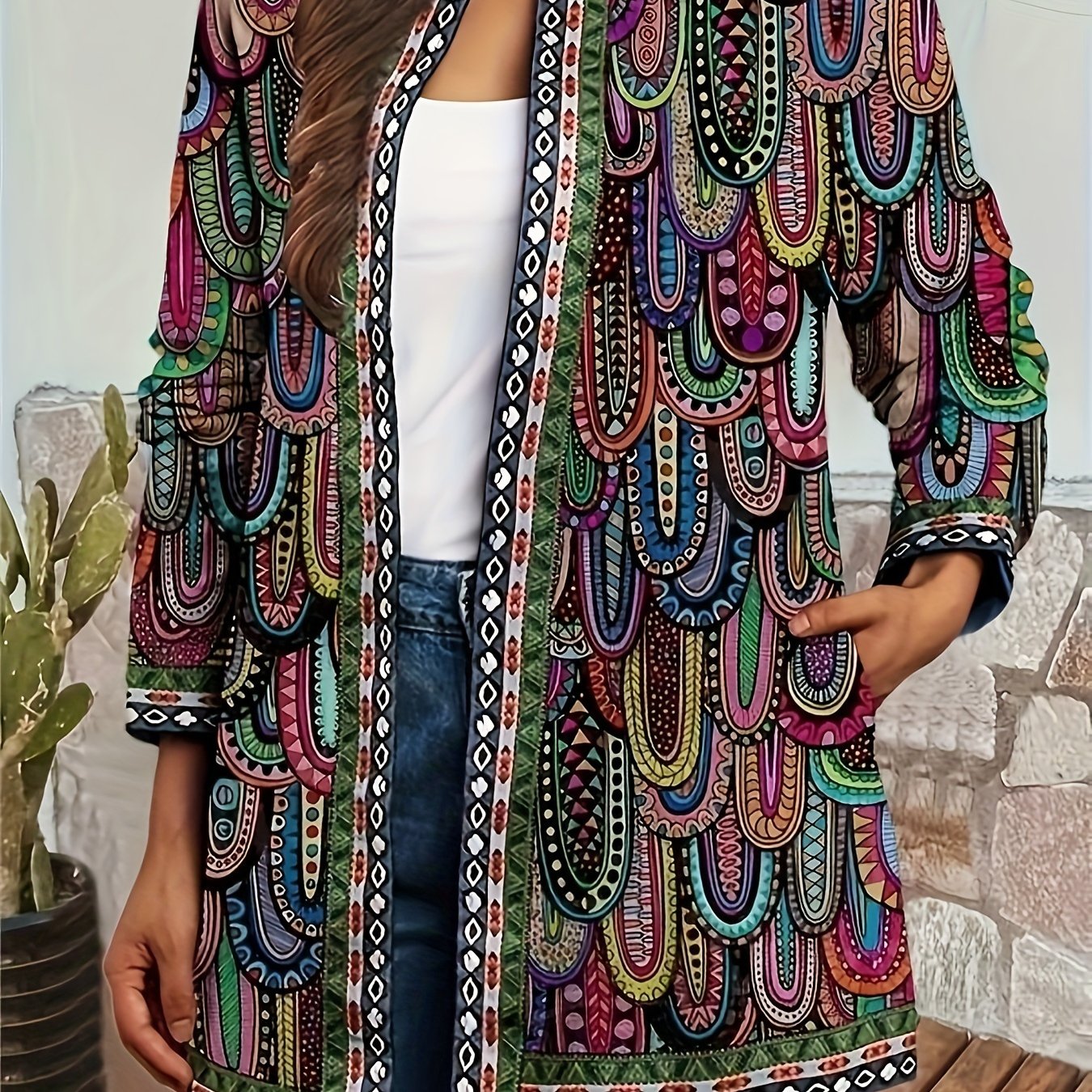 Plus size casual jacket for women made of polyester fabric with a full print pattern and non-stretch material, featuring a collar and suitable for all seasons as woven outerwear.