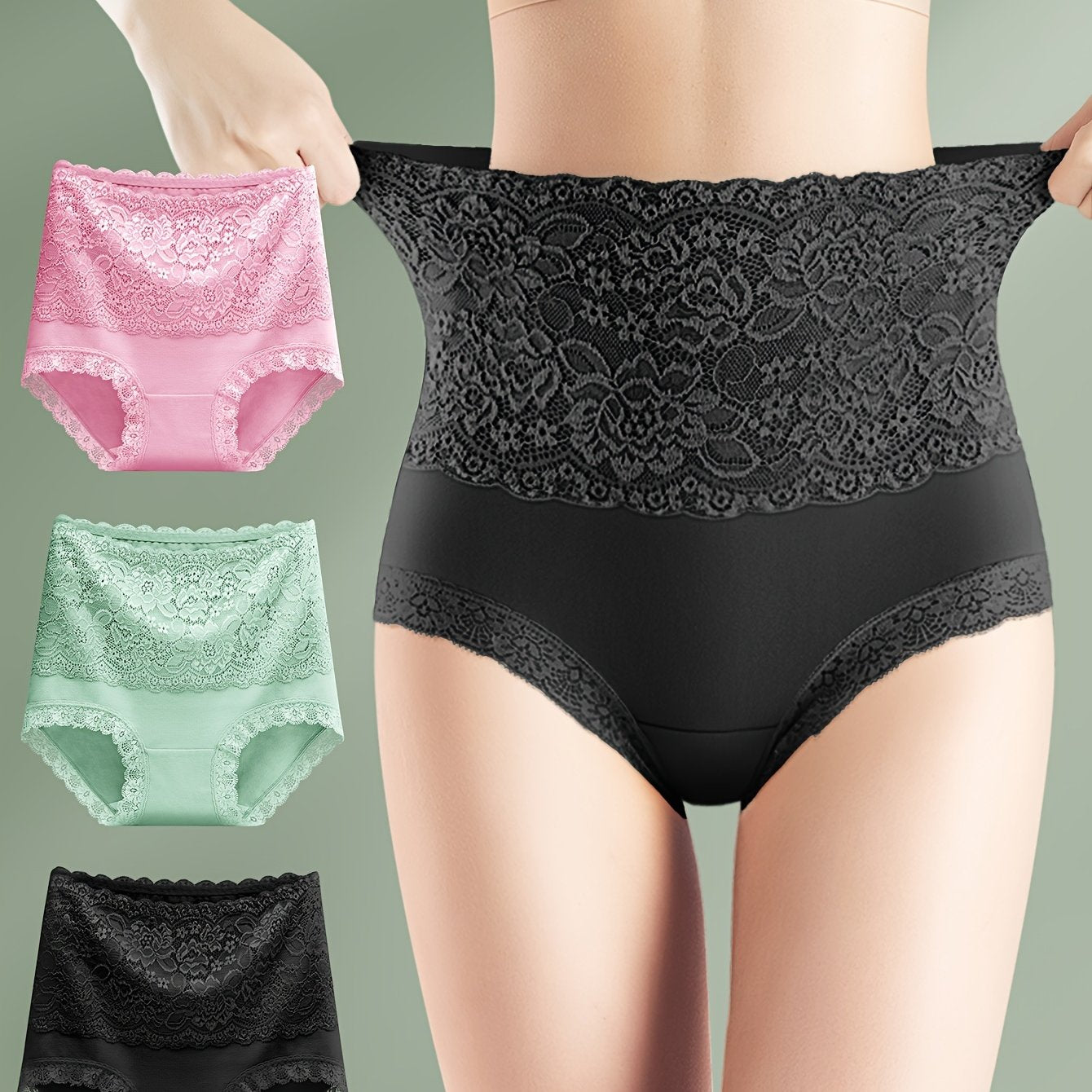 Set of 3 elegant high-waisted tummy control shapewear panties with lace detail for women