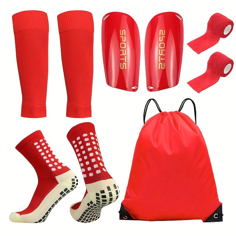 5-piece soccer sports gear set includes silicone grip football socks, shin guards, protective gear, drawstring backpack, and sports tapes. The set features polyester and elastane knitted