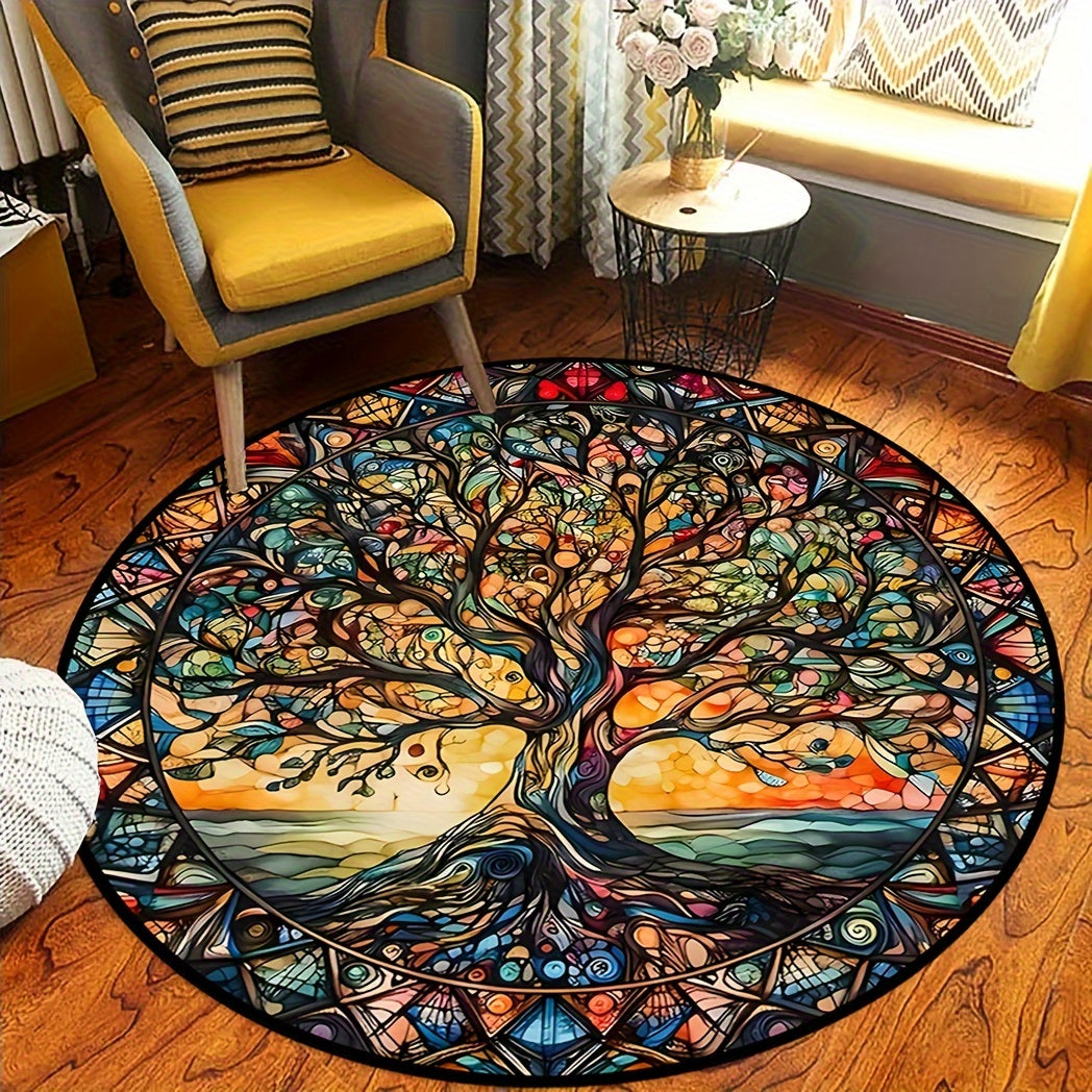 Retro and creative, this 3D Tree Of Life pattern round area rug is the perfect addition to your living room, bedroom, or kitchen. Made with soft and stain-resistant materials, this floor mat is easy to clean in the washing machine. Available in various