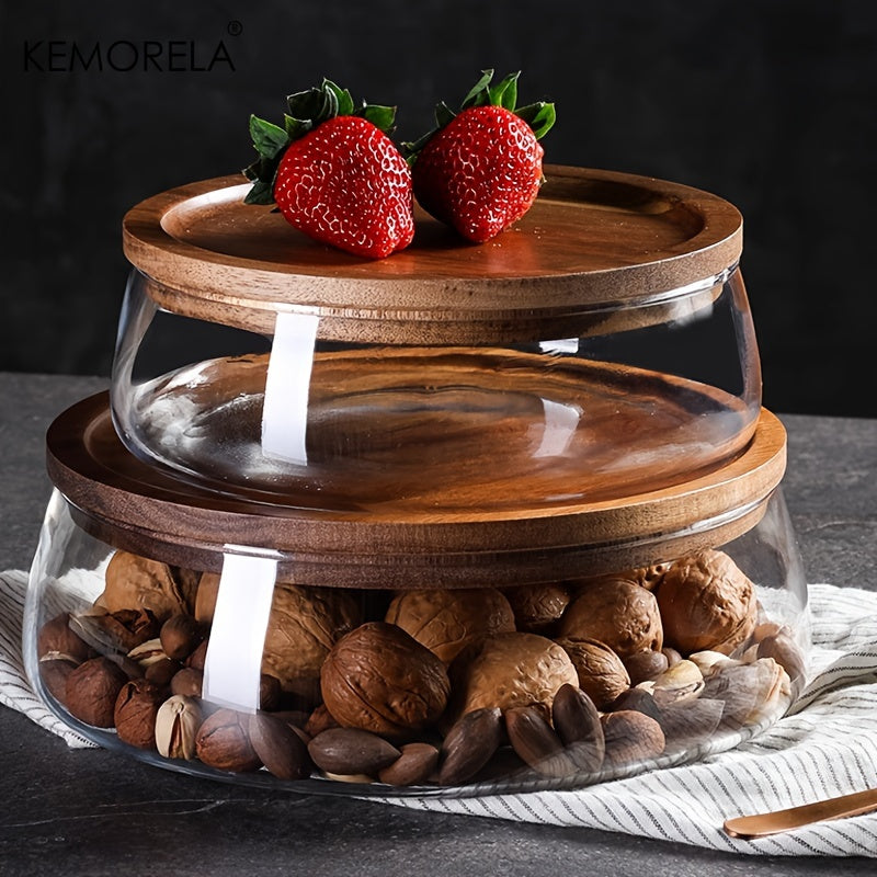 Wooden tray with glass bowl for storing nuts, fruits, cereals, and candy. Double-layered candy jars with wooden lids for kitchen storage.