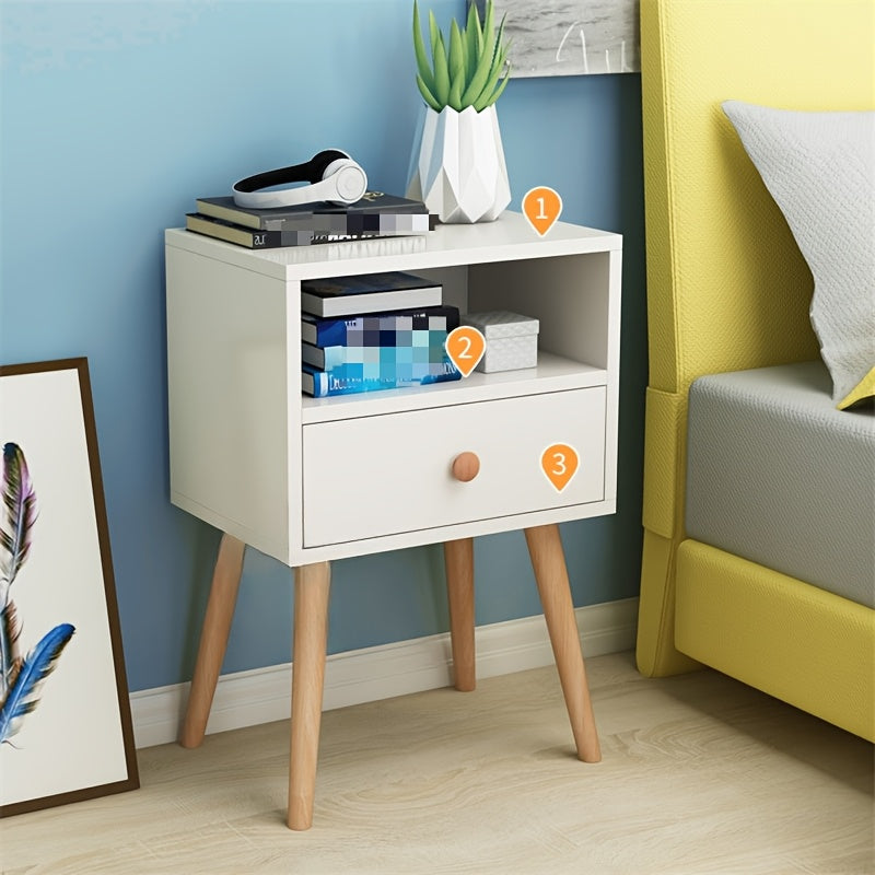 Stylish minimal bedside table with lockable storage shelf and solid wood legs for bedroom.