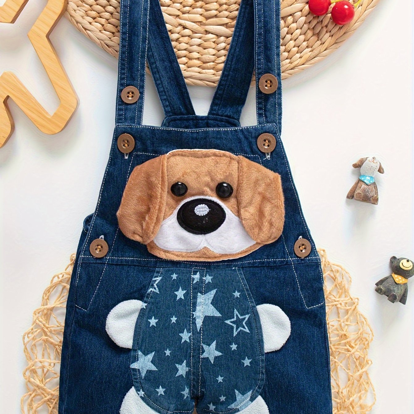 Boys' denim overalls with dog embroidery, lightweight summer shorts, breathable fabric blend with animal pattern. Regular fit, ideal for outdoor activities. Made of 70% cotton, 26%