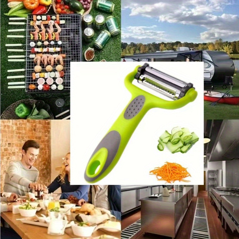 Multi-functional kitchen tool: includes a fruit and vegetable peeler, paring knife, and shredder in one convenient gadget - made from sturdy plastic material.