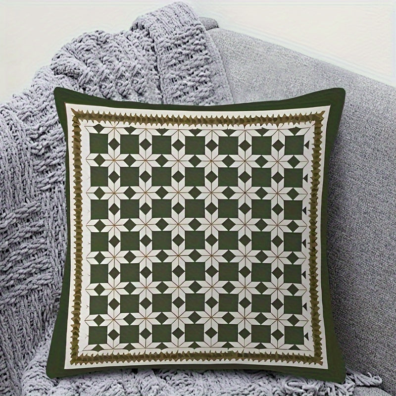 Chic geometric green throw pillow cover with charming design, 44.96x44.96cm in size. This reversible cover features a double-sided print and zipper closure for easy use. Made of machine-washable polyester, perfect for adding a touch of style to any room