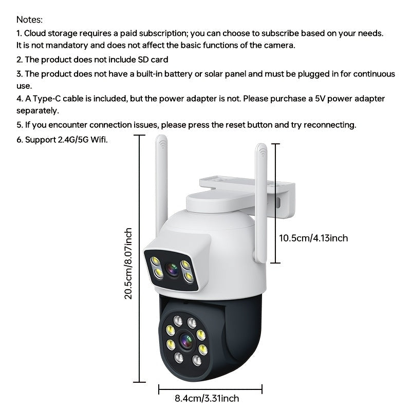 Outdoor WiFi security camera with 360° view, motion detection, color night vision, two-way audio, 1920p resolution, USB powered (no battery required), compatible with wireless 2.4G/5G networks, ideal for home surveillance.