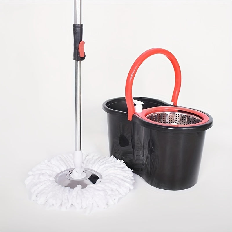 The Black Compact 360° Rotating Mop and Bucket Kit comes with Two Microfiber Mop Heads, a Adjustable Stainless Steel Handle, and a Cleaning System for Schools and Bathrooms.