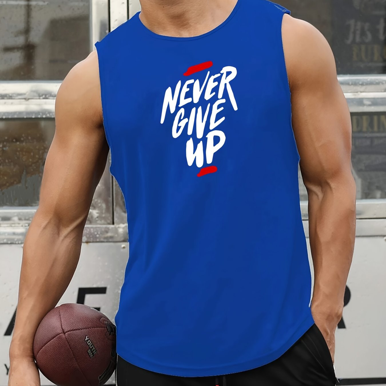 Comfy and breathable tank top for men, perfect for summer workouts and basketball training. Features bold "Never Give Up" print.