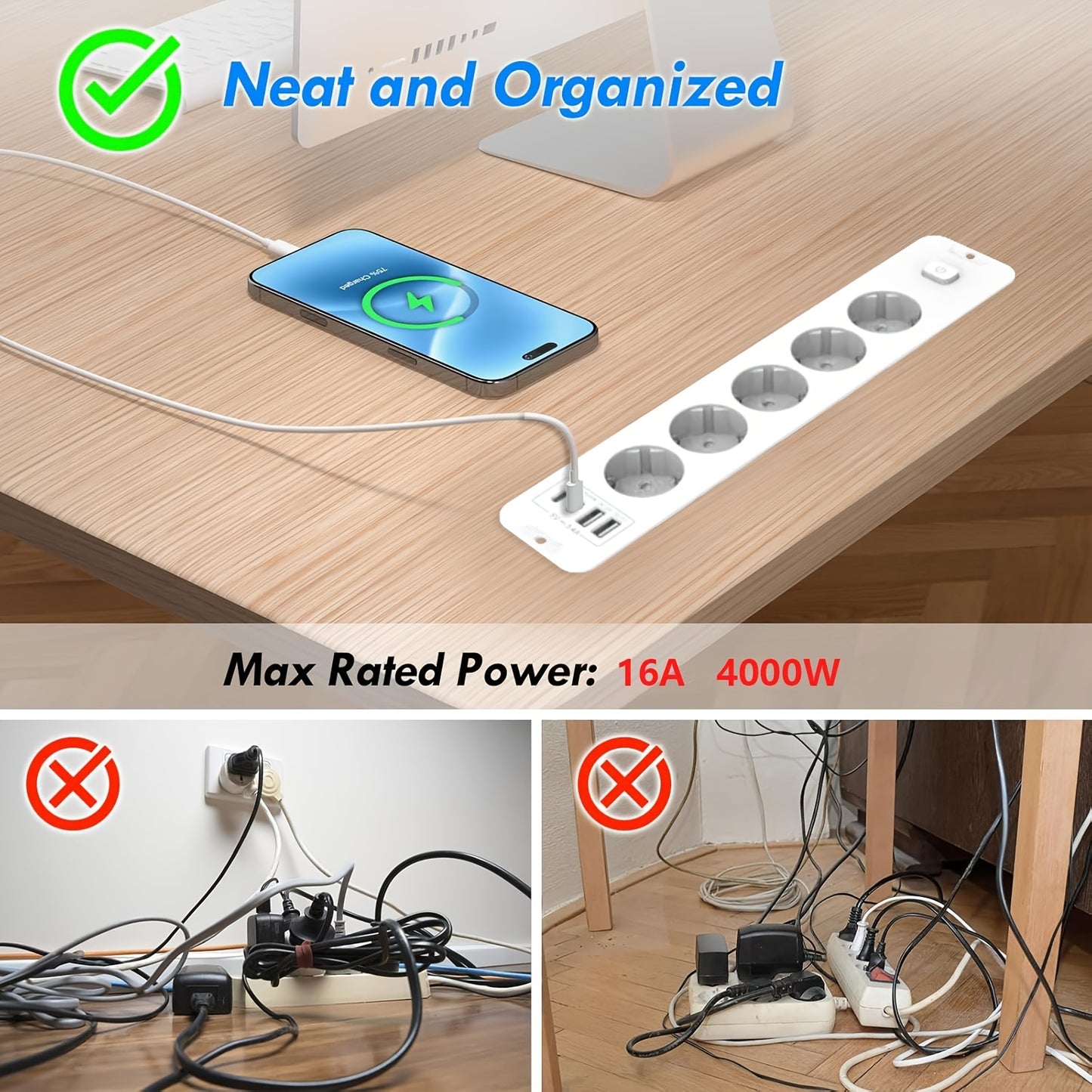 A versatile home USB power socket with 9 features including 4 USB ports, 5 DC sockets, one high-power socket, and a 6.56-foot extension cord, suitable for various settings.